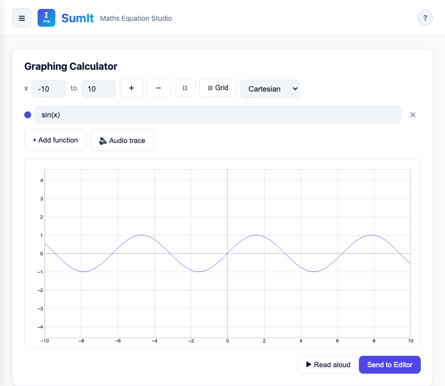 Graphing calculator showing a sine wave with mode and range controls.